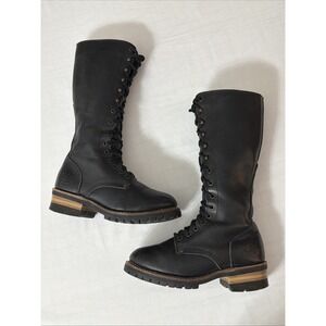 Skechers Women's Black Leather Mid-Calf Lace-Up Combat Boots Oil Resistant Sole